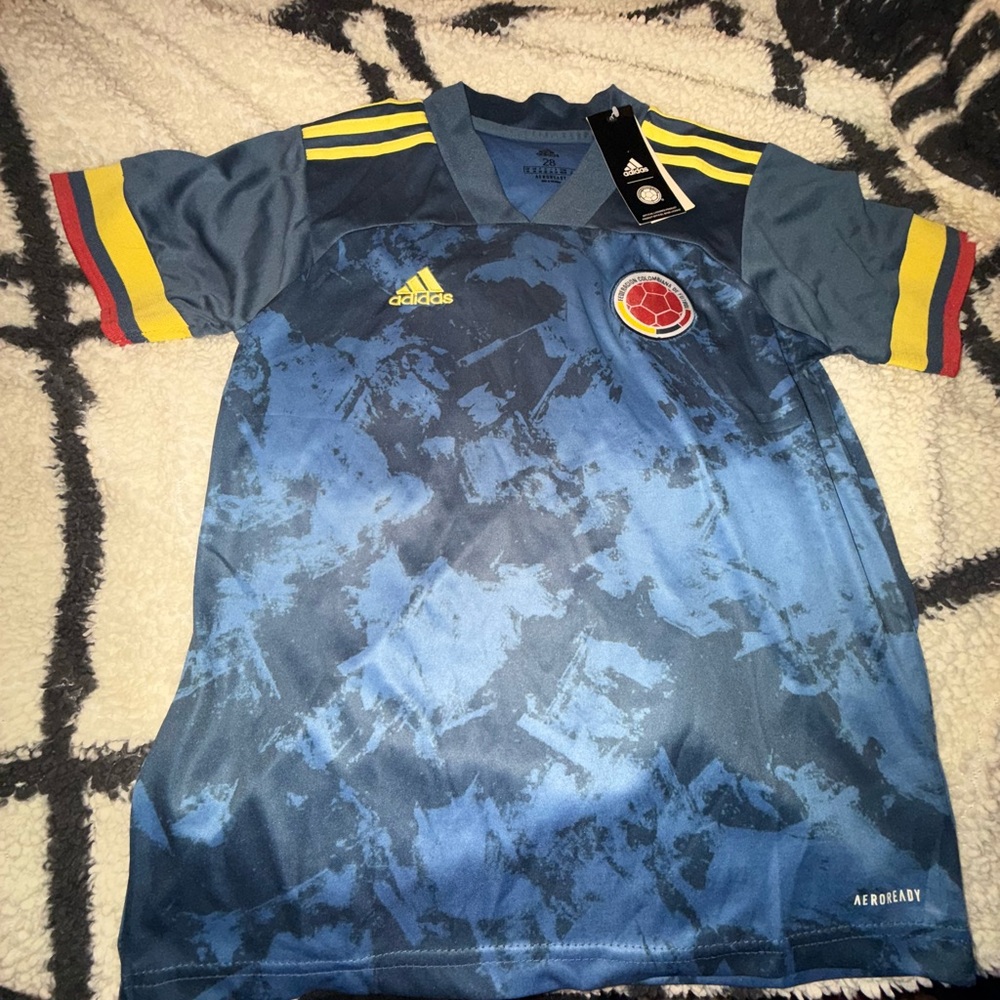 Adidas Blue Soccer Jersey with Yellow Stripes